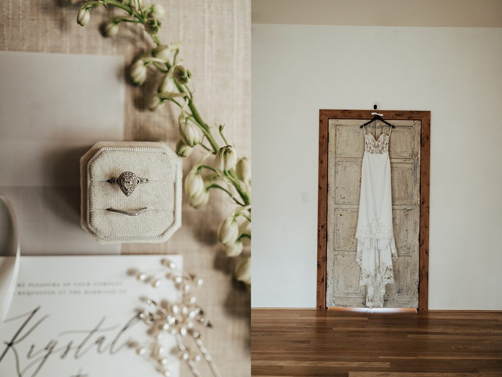 Wedding dress and ring styled before a beautiful Houston wedding. 