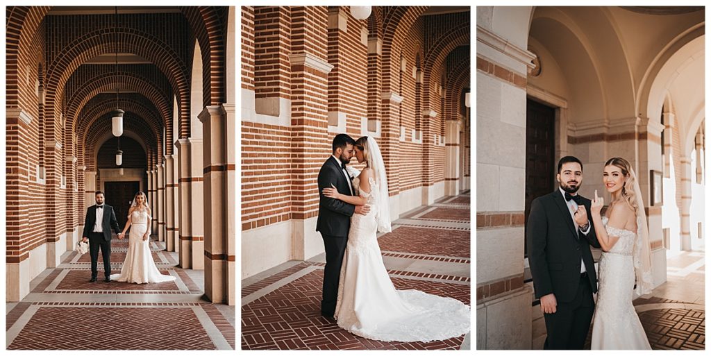 Newly married couple in hallway at Rice University before they tie the knot.