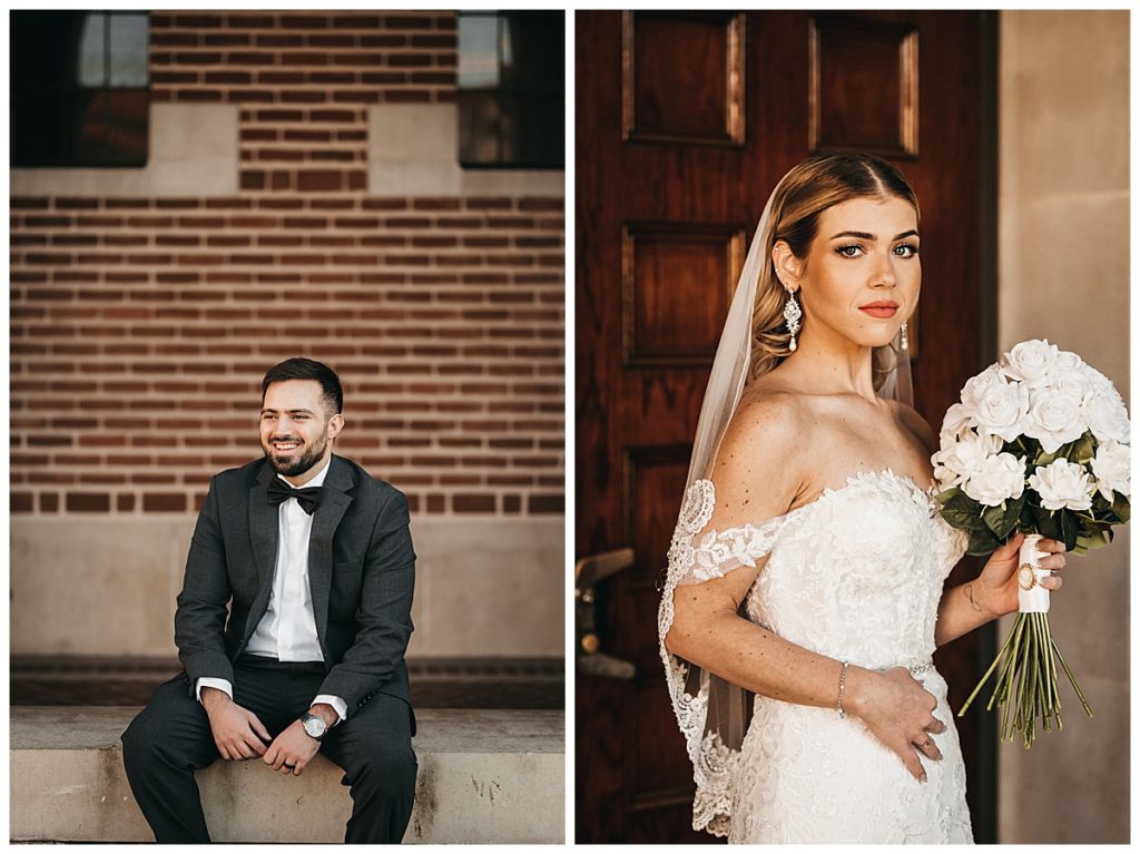 Stand alone portraits with new married couple holding white roses.