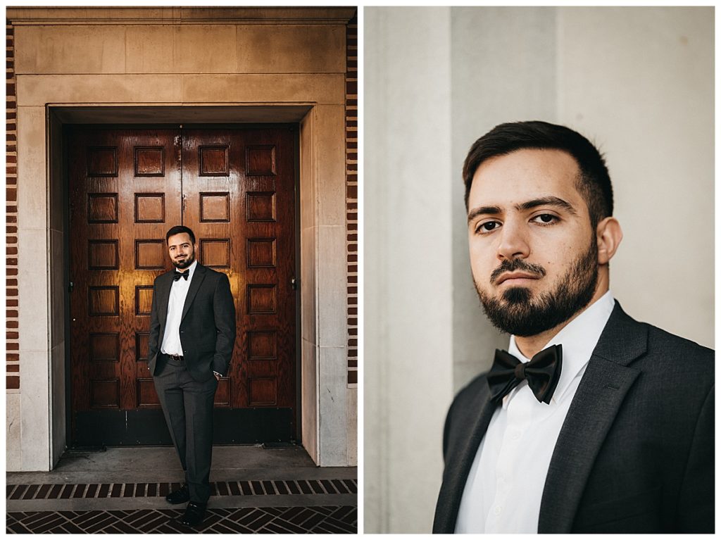 Still portraits of groom at wedding venue in black suit with bowtie.