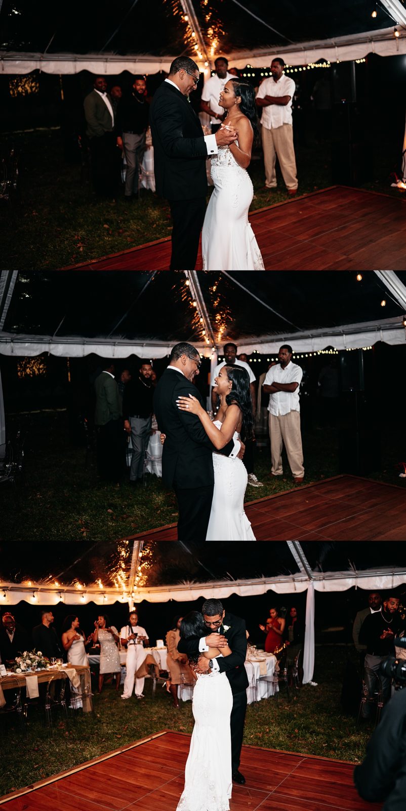 Bride and groom sharing their first dance under a clear tent reception in Houston, Texas.