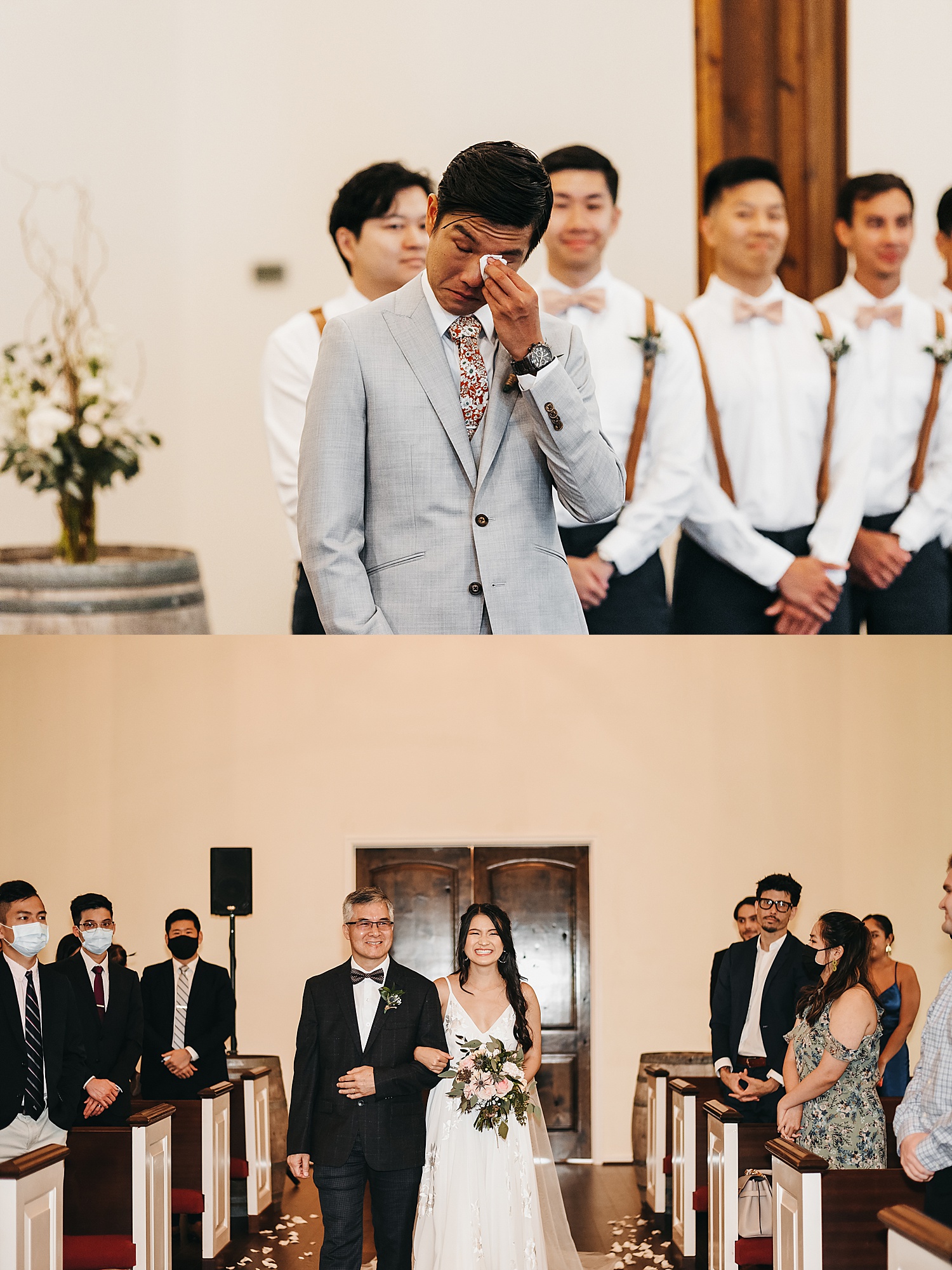 Groom's reaction to bride walking down the aisle with father of the bride. 