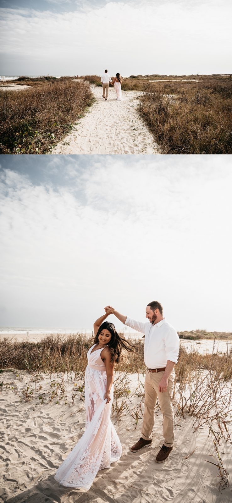 Man twirling woman on the beach in Galveston for their photo shoot with Houston wedding photographer, Brittany Emmanuel. 