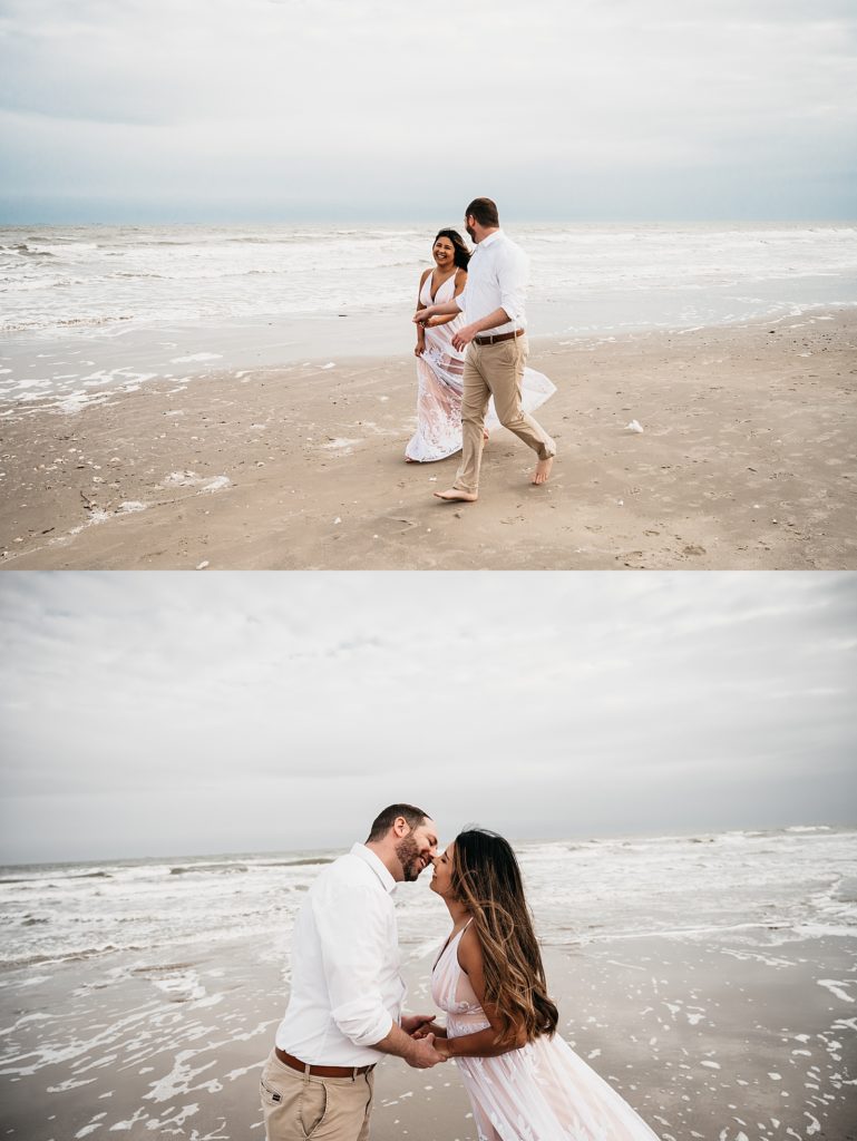 Engaged couple kissing on the beach in Galveston, Texas for a photo session. 