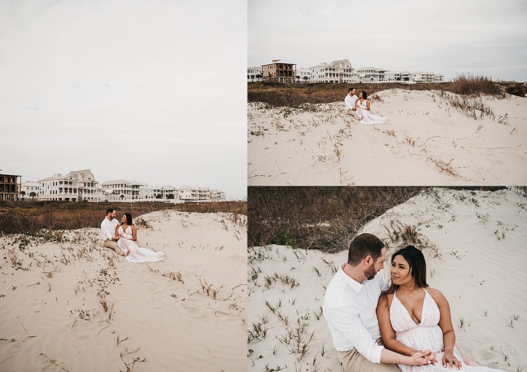 Couple sitting on the sand for their beach engagement session with Galveston elopement photographer, Brittany Emmanuel. 