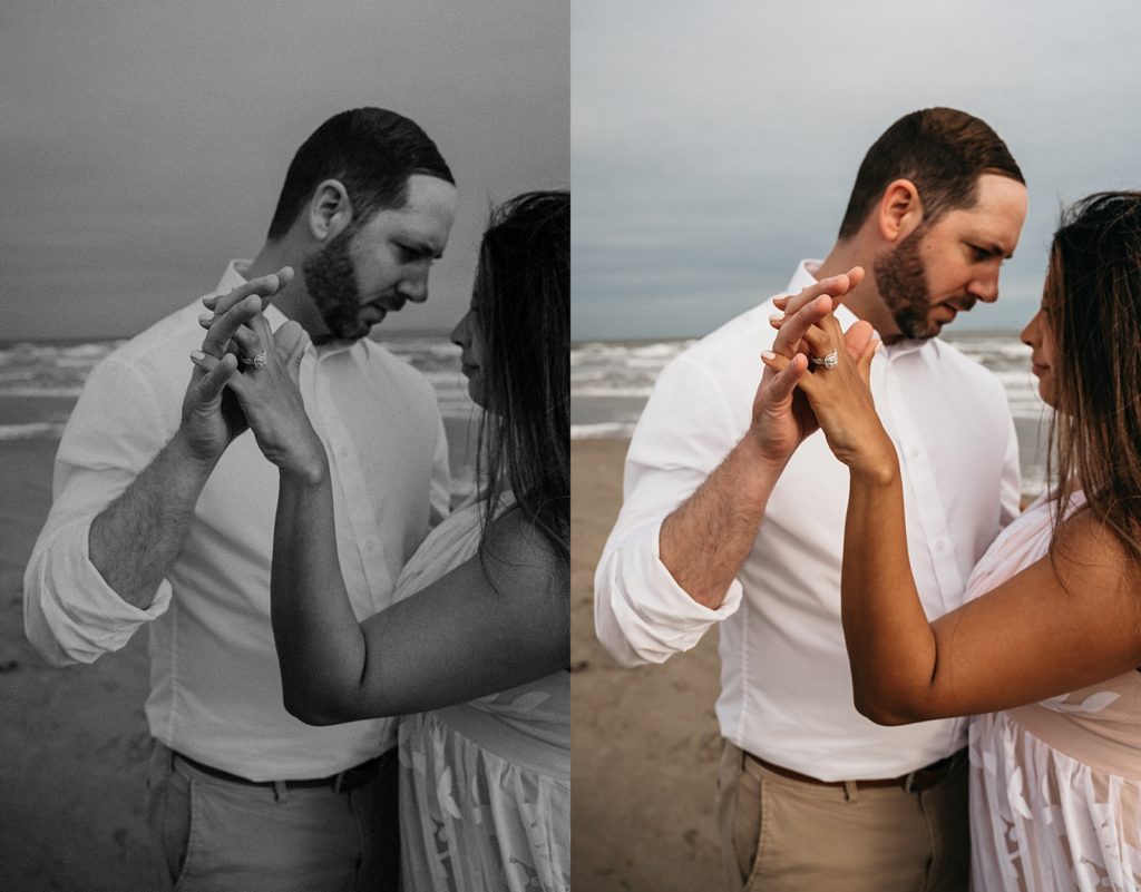 Man and woman holding hands on the beach for their shoot with a Galveston Wedding photographer. 