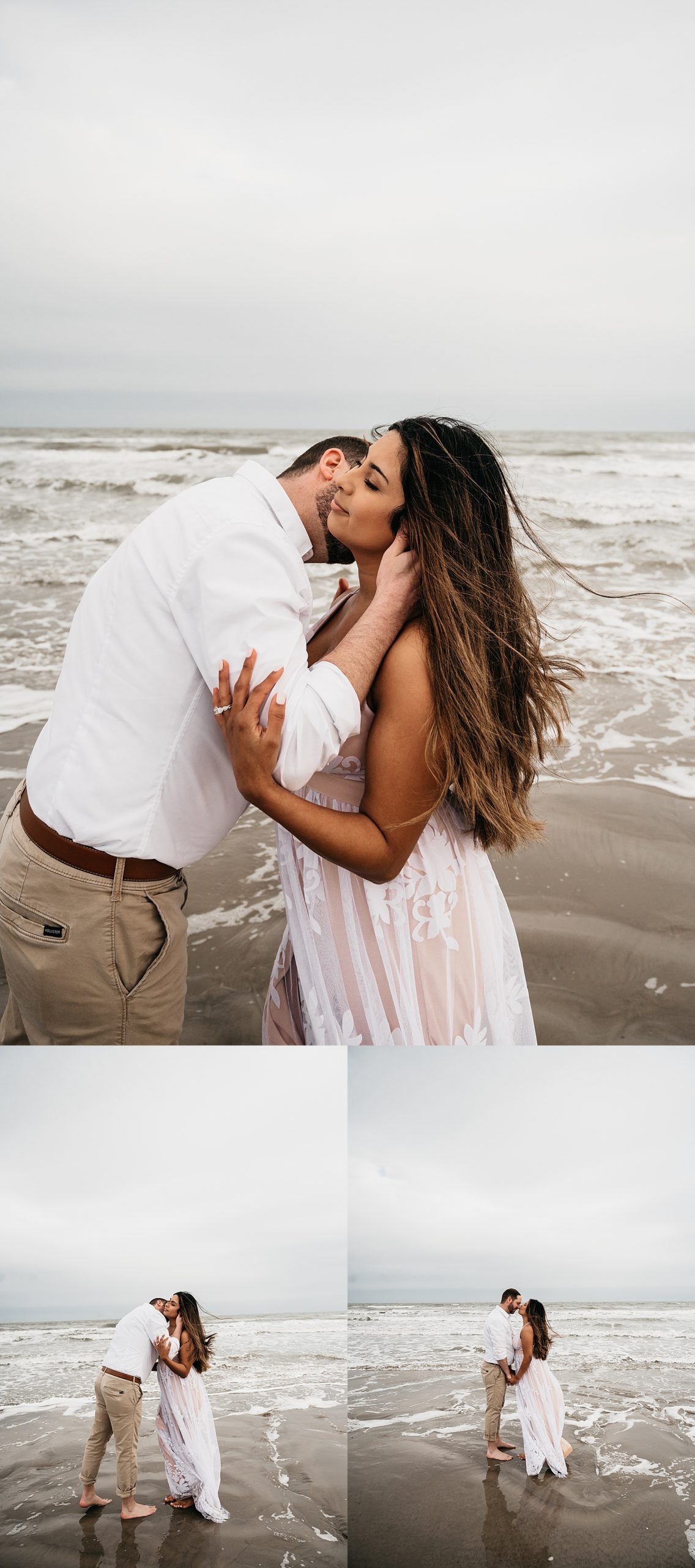 Man kissing a woman's neck in front of the ocean with the wind in her hair for their engagement pictures. 
