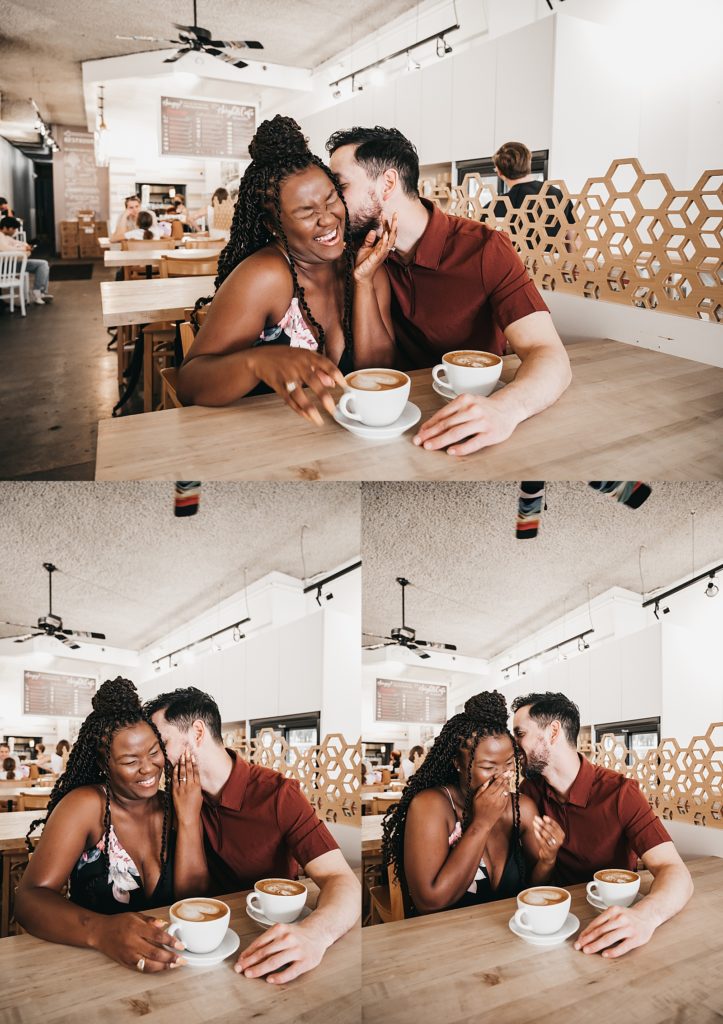 A Houston Heights coffee date engagement session where they got two heart shaped lattes coffee