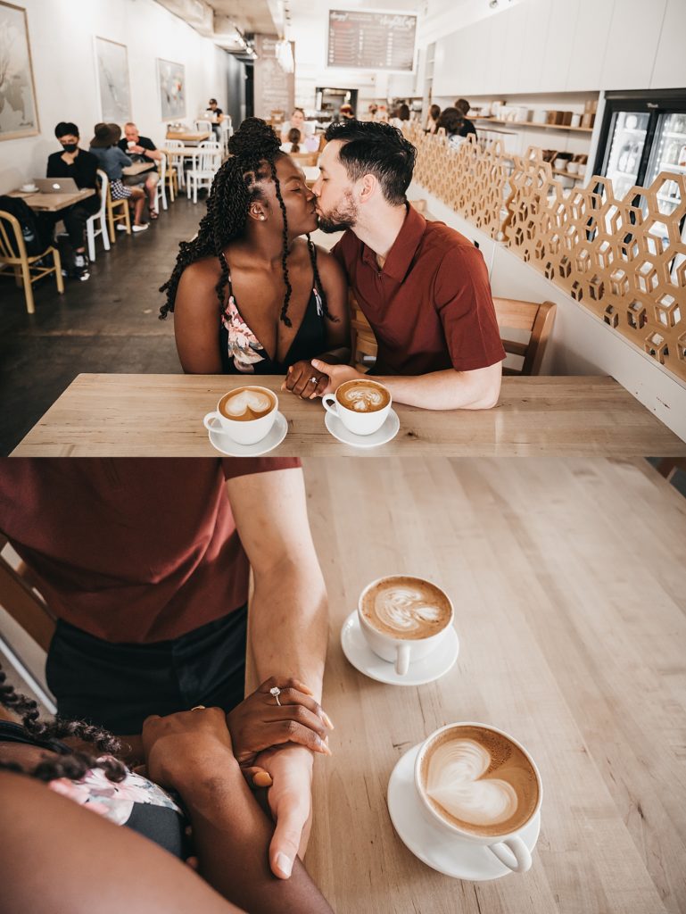 Couple kissing over drinks for their Houston Heights coffee date engagement photos.