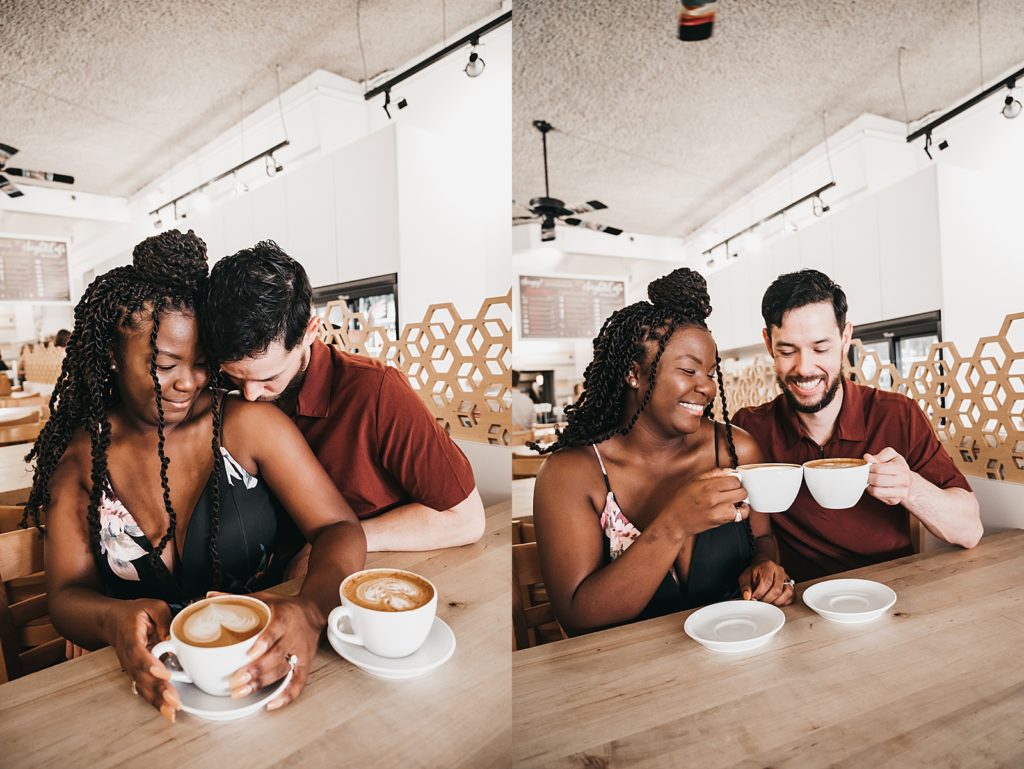 Fiancé kissing partner's shoulder while sitting in a coffee shop | The same couple cheers with coffee mugs