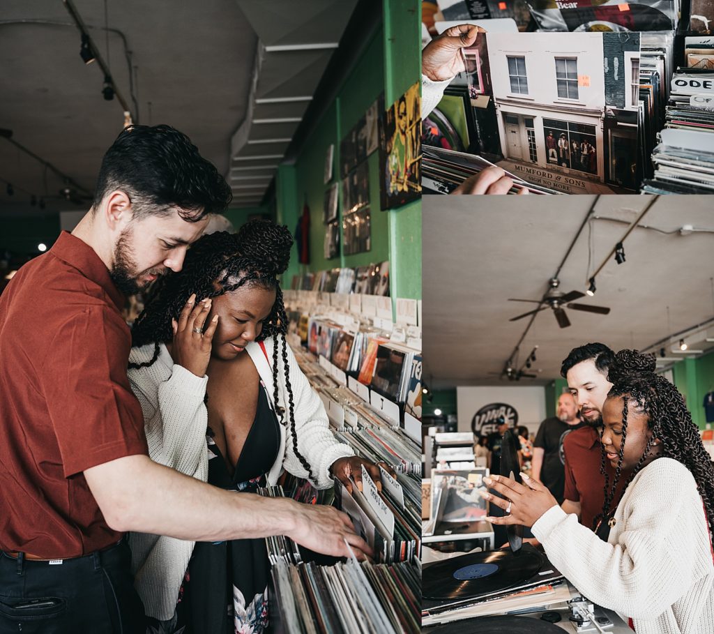 Engaged couple picking out records together as a fun activity on their photo shoot. 