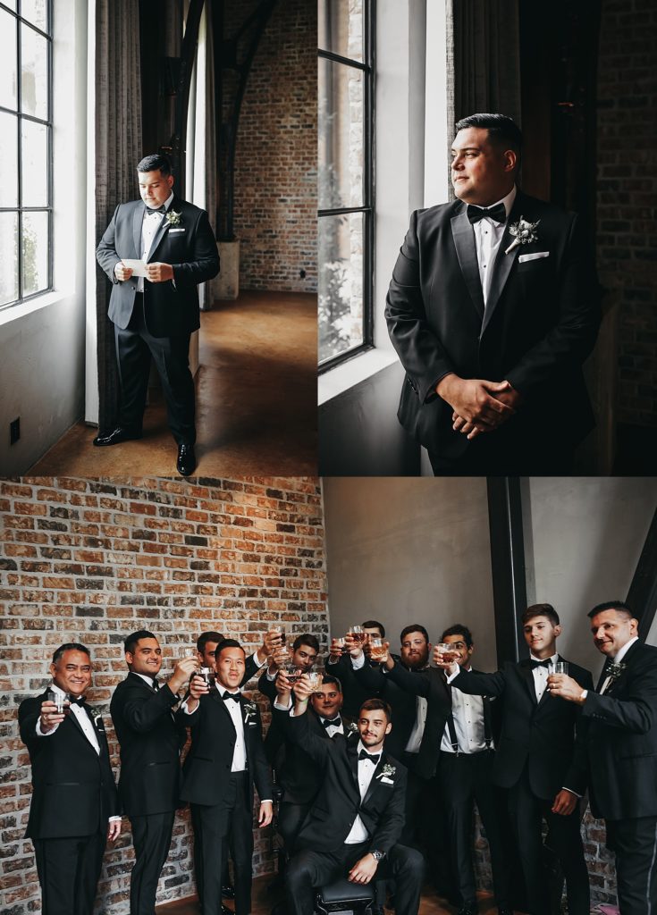 Groom and groomsmen toast before this elegant & neutral Houston wedding.