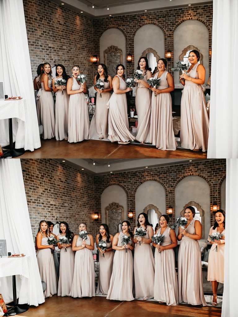 Bridesmaids first look with the bride at this elegant & neutral Houston wedding. 