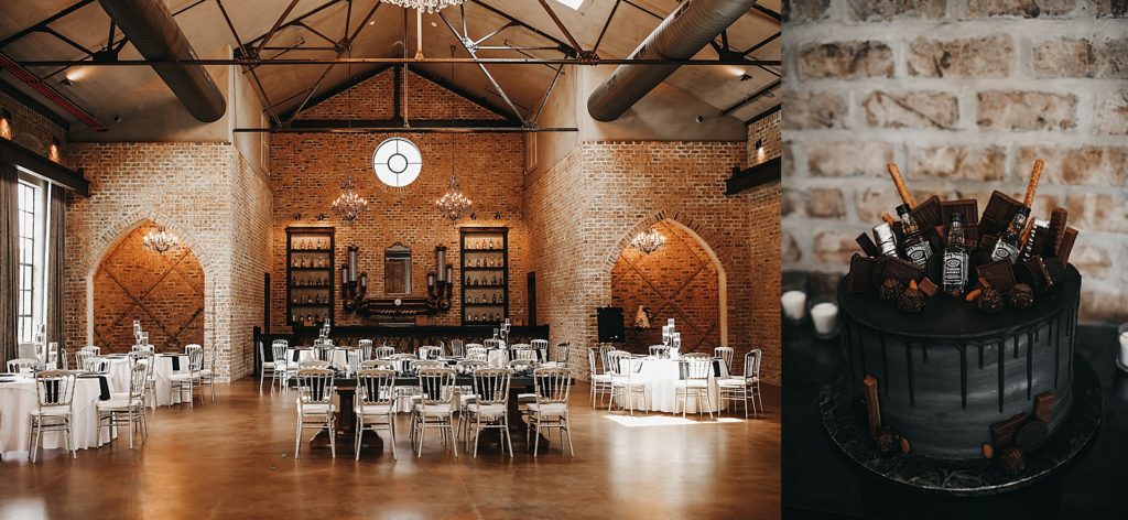 Reception details in a large brick hall with lots of natural light. 