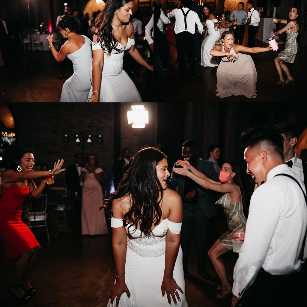 Guests dancing wildly at a large Texas wedding reception. 