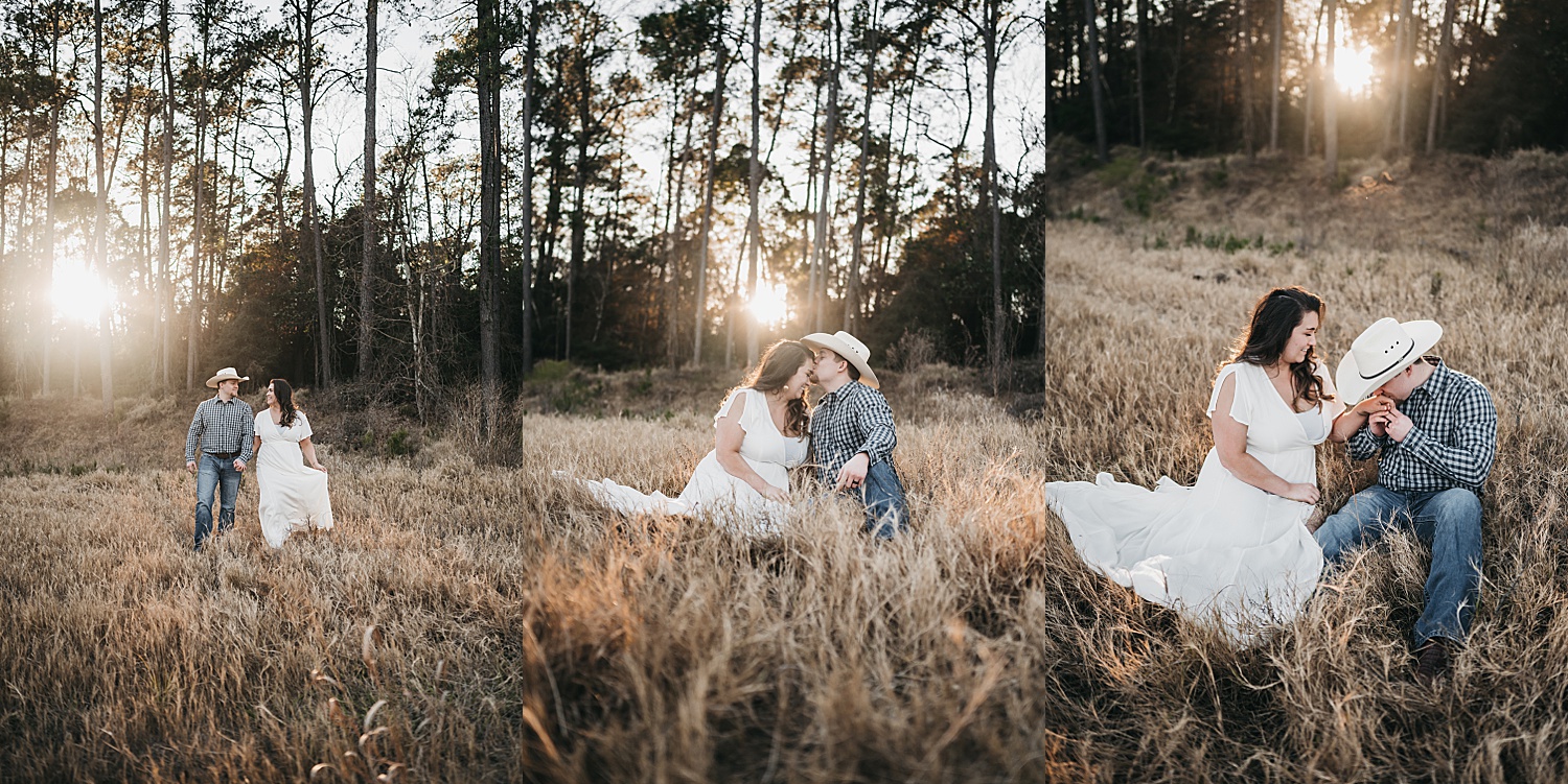 newly engaged Woman in white dress sitting with man during golden hour.
