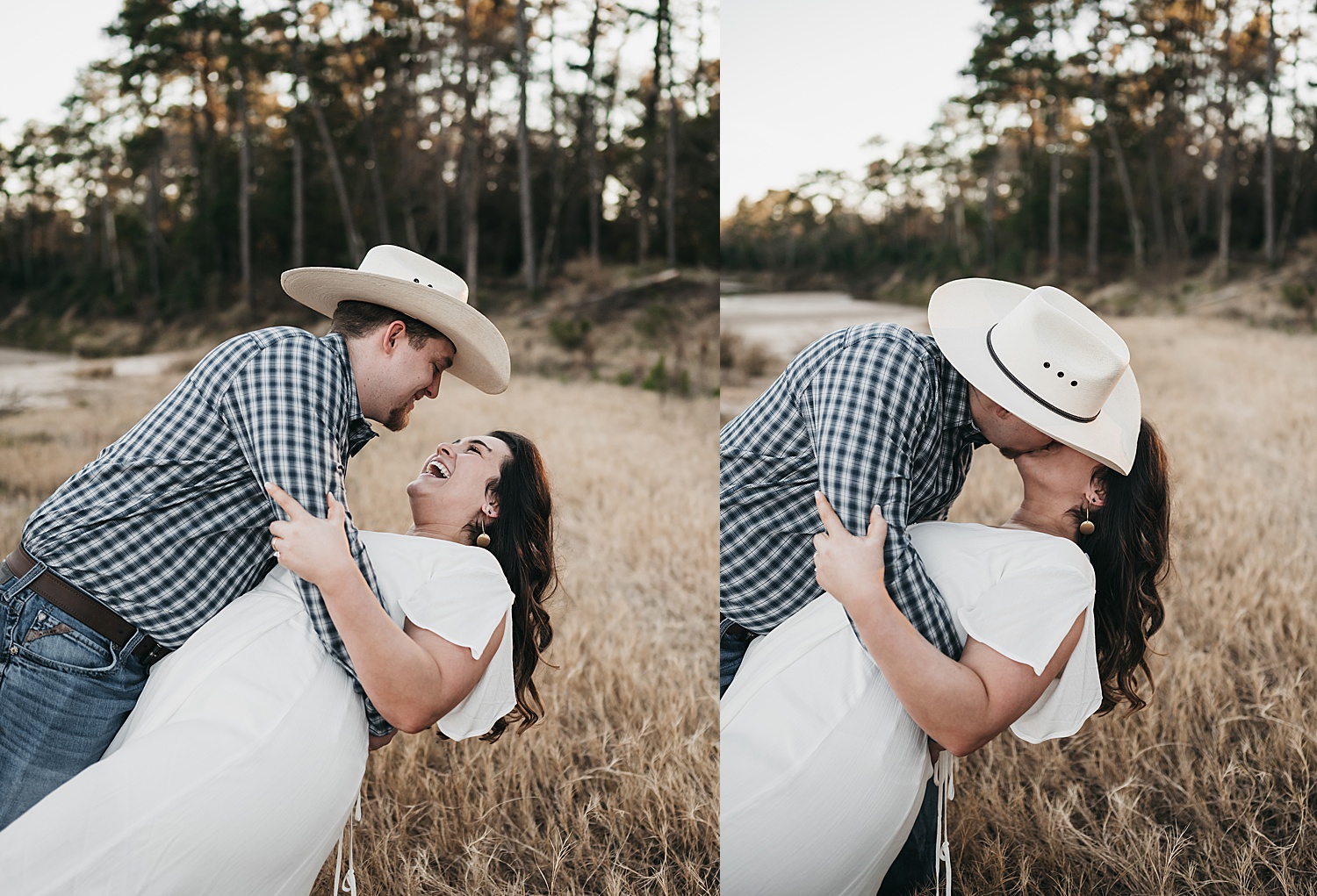 newly engaged couple kissing during sunny engagement session
