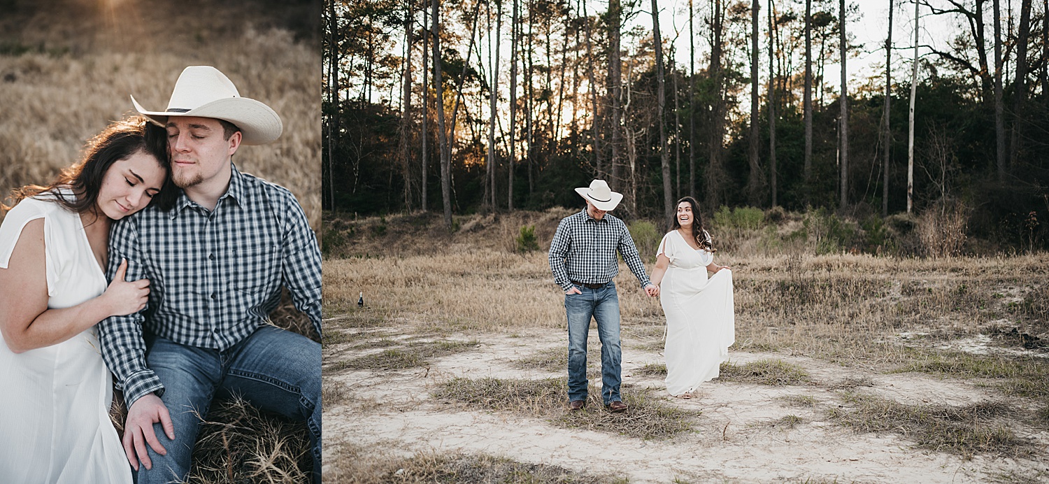 couple walking in the trees with Houston wedding photographer