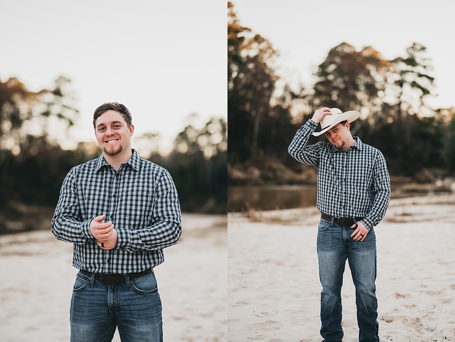 man wearing cowboy hat and flannel during sunny engagement session